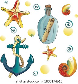 nautical-themed pattern with anchor, letter in a bottle, shell and starfish