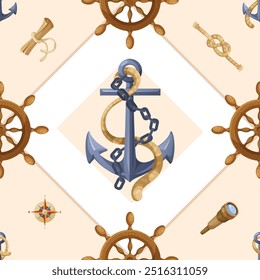 Nautical-themed pattern with anchor and ships wheel. Vector illustration