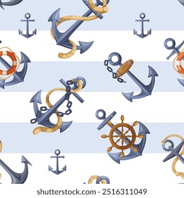 Nautical-themed pattern with anchors and ship wheels. Vector illustration