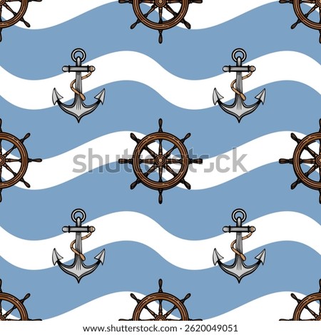 A nautical-themed pattern featuring ship wheels and anchors on a wavy blue and white background. The design is playful and suitable for marine-related projects.