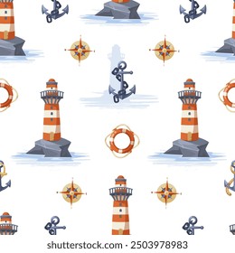 Nautical-themed pattern with lighthouses, anchors, and compasses. Vector illustration