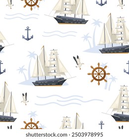 Nautical-themed pattern with sailboats and seagulls. Vector illustration