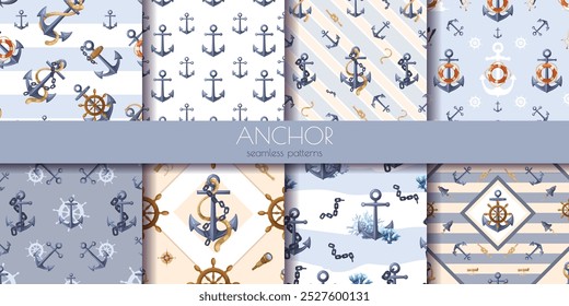 Nautical-themed seamless anchor patterns. Vector illustration