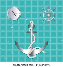 nauticsl accessories on background water with drop