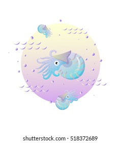 Nautilus cartoon illustration. Stylized waves and bubbles. Design concept for diving school, scuba club.