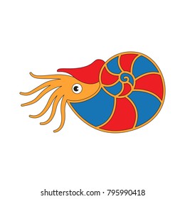 Nautilus happy cartoon. Outlined illustration with thin line black stroke