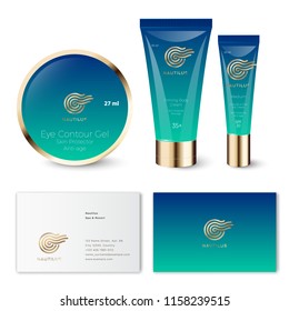 Nautilus logo. Gold Nautilus shellfish on gradient green-blue background. Branded cream tubes.