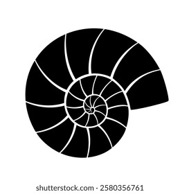 Nautilus sea shell or spiral round snail shell, black silhouette isolated on white. Segmented shape, stencil style. Vector clipart, monochrome sign for illustration, marine design, icon or  logo.