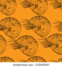 Nautilus. Seamless pattern for your design: textile, wrapping paper, background, scrapbooking and ext. Orange.
