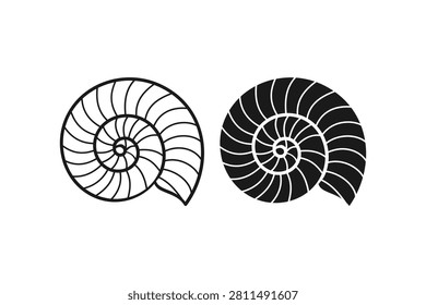 Nautilus seashell outline and silhouette icon set. Fibonacci spiral ammonite fossil symbol