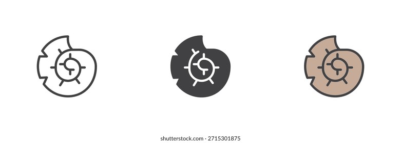 Conjunto de iconos de espiral de concha de mar Nautilus con estilos de líneas, contornos sólidos y rellenos. Signo de Vector fósil marino e ícono de símbolo, ilustración en color inspirada en la vida oceánica prehistórica.