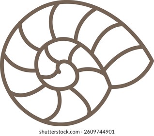 A nautilus shell is depicted in a simple line drawing style with brown outlines. The spiral form and chambers of a marine mollusk are shown in a clean graphic representation. Cartoon vector 