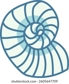 A nautilus shell depicted in a simplified, cartoon style with bold outlines and spiraling pattern. The shell's spiral is rendered with clean lines and a smooth geometric design. Cartoon vector