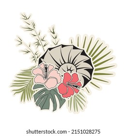 nautilus shell and palm leaves, vector art