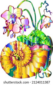 Nautilus shell section with orchids isolated on white background. artwork
