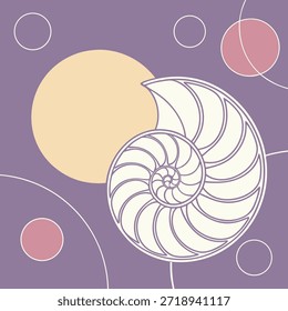 Espiral de concha de Nautilus y círculos Abstractas sobre fondo púrpura molusco de vida marina