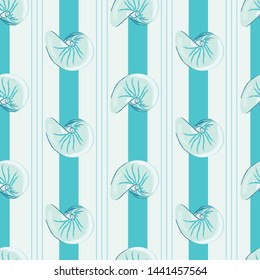 Nautilus Shell Stripe Seamless Pattern In Turquoise Blue, Mint Green And White. Fresh Coastal Design, Great For Beach House Decor, Bedding Designs, Stationery, Resort Wear, Spa Towels And Paper. 