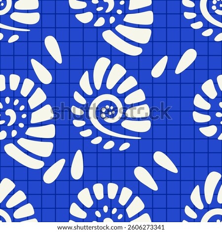 Nautilus Shell Swirl Motif on Bold Blue Grid. Spring Floral Geometric Wallpaper Print, Nature-Inspired Seasonal Texture for Backgrounds