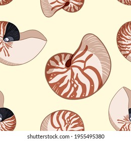 Nautilus shells colorful doodles seamless pattern. Background template of stock sea shells for wrapping design, wallpaper. Repeatable tile