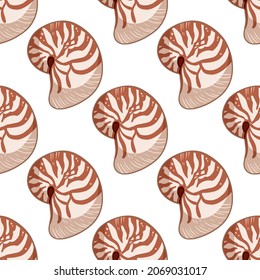 Nautilus shells colorful doodles seamless pattern. Background template of stock sea shells for wrapping design, wallpaper. Repeatable tile