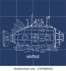 Nautilus submarine detailed vintage drawing