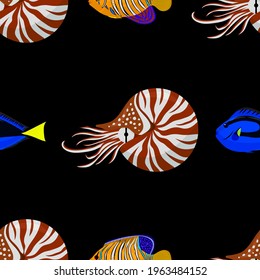 nautilus and tropical fish, seamless pattern, vector illustration