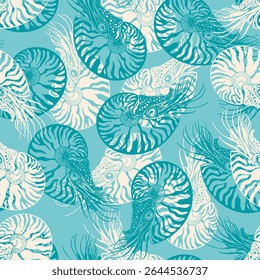 Nautiluses. Colored silhouettes on turquoise. Seamless vector pattern with  sea ​​creatures. Nature stylish background.  Perfect for wallpaper, wrapping, fabric, print and textile. 