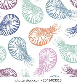 Nautiluses. Colorful silhouettes on white. Seamless vector pattern with  sea ​​creatures. Nature stylish background.  Perfect for wallpaper, wrapping, fabric, print and textile. 