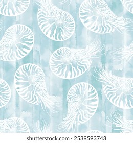 Nautiluses on a blue watercolor background. Seamless vector pattern with  sea ​​creatures. Nature stylish background. Silhouette.  Perfect for wallpaper, wrapping, fabric, print and textile. 