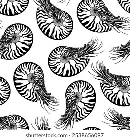 Nautiluses. Seamless vector pattern with  sea ​​creatures. Nature stylish background. Silhouette. Black and white.  Perfect for wallpaper, wrapping, fabric, print and textile. 