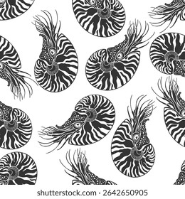 Nautiluses. Seamless vector pattern with  sea ​​creatures. Nature stylish background. Silhouette. Black and white.  Perfect for wallpaper, wrapping, fabric, print and textile. 