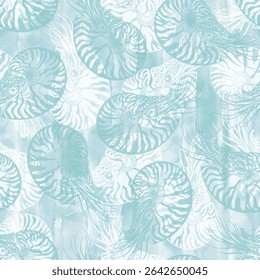 Nautiluses. White and turquoise silhouettes on blue watercolor. Seamless vector pattern with  sea ​​creatures. Nature stylish background. Perfect for wallpaper, wrapping, fabric, print and textile. 