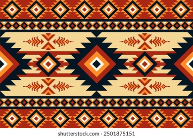 Navajo Aztec seamless pattern black red orange Native American motifs and ethnic tribal designs, traditional textiles, rugs, and fabric applications. Rich in heritage and ideal for decorative arts