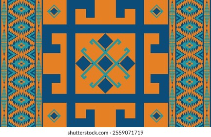 Navajo design Browns and blue with sharp geometric lines. and has bright colors They represent the elements such as mountains, rivers, and the animals that surround them. For t-shirts, pants, rugs