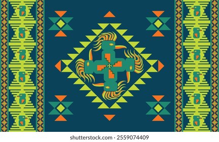 Navajo design Green and blue with sharp geometric lines. and has bright colors They represent the elements such as mountains, rivers, and the animals that surround them For pants, rugs,home decoration