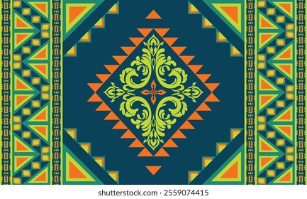 Navajo design Green and blue with sharp geometric lines. and has bright colors They represent the elements such as mountains, rivers, and the animals that surround them For pants, rugs,home decoration