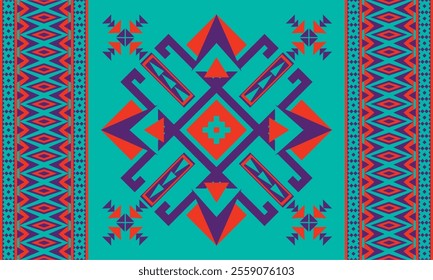Navajo design Purple,red and blue with sharp geometric lines. and has bright colors They represent the elements such as mountains, rivers, and the animals that surround them. For pants, rug,decoration