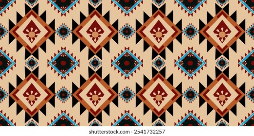 Navajo Ethnic Geometric Ornamental Pattern Vector in Cream and Brown tones for Wallpaper, Rugs and Fabrics. Native American Tribal Culture and Crafts with Textiles and Home Decor.