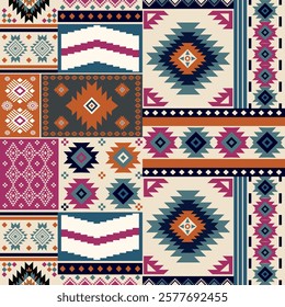 Navajo fabric pattern, bright and modern tones, traditional geometric patterns combined with a modern twist. Suitable for home decoration, textile and fashion applications, lifestyle products 
