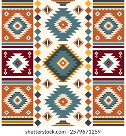 Navajo fabric pattern, bright and modern tones, traditional geometric patterns combined with a modern twist. Suitable for home decoration, textile and fashion applications, lifestyle products 
