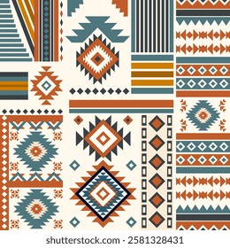 Navajo fabric pattern, bright and modern tones, traditional geometric patterns combined with a modern twist. Suitable for home decoration, textile and fashion applications, lifestyle products 