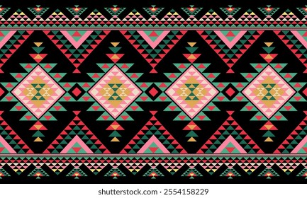 Navajo geometric seamless pattern featuring diamond shapes in black pink green color scheme Navajo design perfect for fabric textile wallpaper Navajo decor vector artwork digital print fashion design