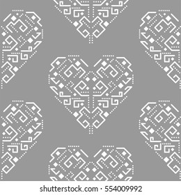 Navajo heart shape ornament seamless vector pattern. White and grey tileable aztec background.