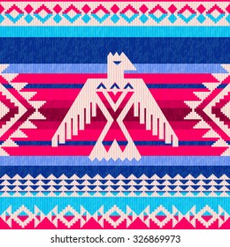 Navajo motifs colorful striped ethnic pattern with eagle and traditional ornament