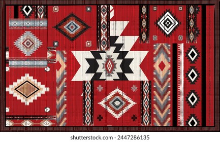 Alfombras de estilo étnico de la zona de inspiración suroeste de América nativa navajo. patrón sin costuras de Vector tribal. Adorno indio Boho ornamento geométrico.folk.orientel. Ventana .manta, alfombra. Alfombra tejida.