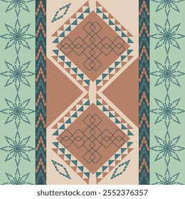 Padrão navajo Forma quadrada em um fundo cinza formas geométricas marrom e verde Padrão de ziguezague perfeito padrão de forma triangular ilustração Design de linhas para saias, roupas, tapetes, impressões, tricô.