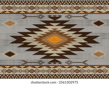 Navajo pattern.Brown pattern on light grey background.Geometric shape.Diamond pattern.Arrow symbol.Triangle pattern.DIgital design.Illustration.Design for Rug.Blanket.Carpet.Printing.And Knitting 