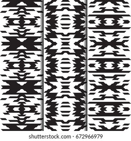 Navajo patterns. Set of 3 seamless swatches. American Indian style. Vector retro design for fashion prints. Monochrome backgrounds