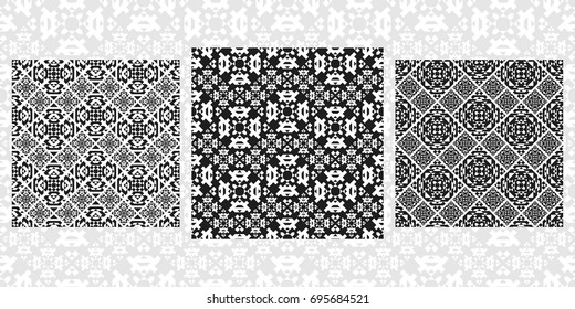 Navajo patterns. Set of 3 seamless swatches. American Indian style. Vector retro design for fashion prints. Monochrome backgrounds.