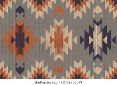 Patrón navajo.Forma cuadrada sobre fondo gris.Forma geométrica.Patrón marrón.Patrón en zigzag.Sin costuras.Forma triangular.Diseño digital.Ilustración.Línea.Diseño para falda.Ropa.Alfombra.Impresión. Tejido 